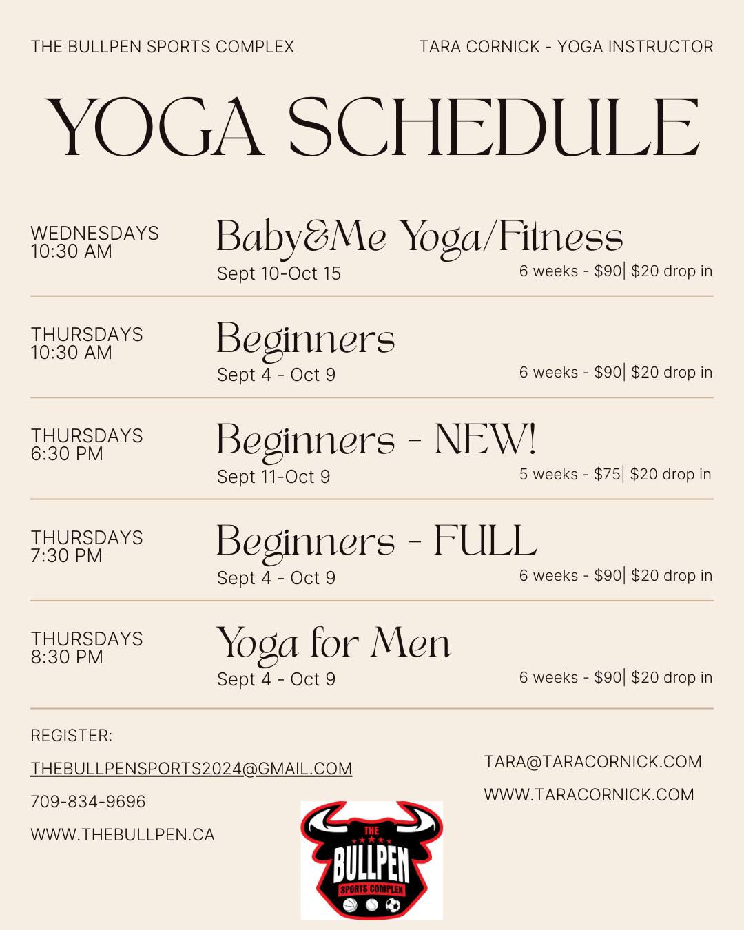 Beginner Yog with Tara Cornick Fall Schedule